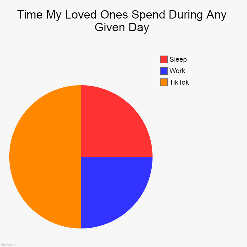 Time Spent | Time My Loved Ones Spend During Any Given Day | TikTok, Work, Sleep | image tagged in charts,pie charts | made w/ Imgflip chart maker