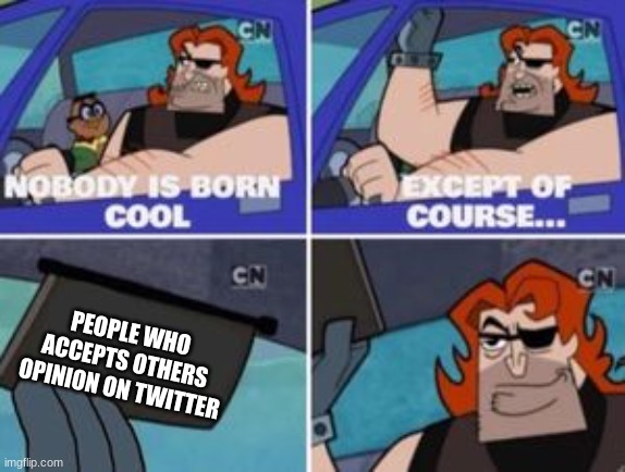 no one is born cool except | PEOPLE WHO ACCEPTS OTHERS OPINION ON TWITTER | image tagged in no one is born cool except | made w/ Imgflip meme maker