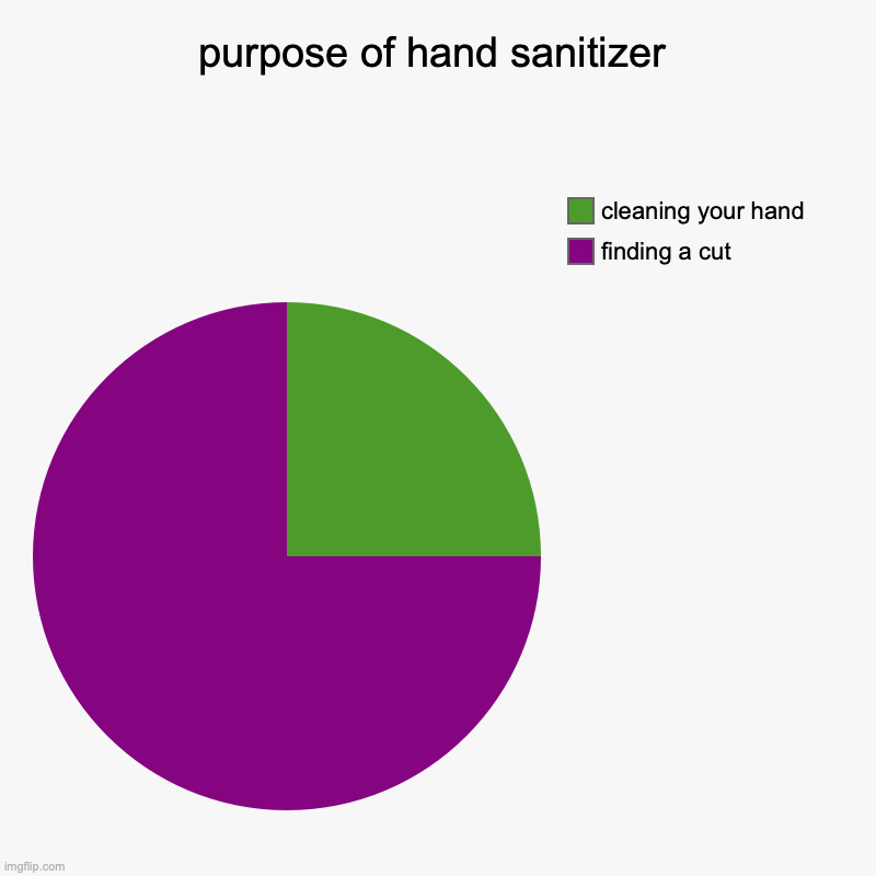 apparently, hand sanitizers also has its own back story besides just cleaning your hands... | purpose of hand sanitizer | finding a cut, cleaning your hand | image tagged in charts,pie charts,internal screaming,hand sanitizer,relatable | made w/ Imgflip chart maker