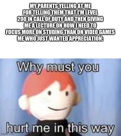 truth | MY PARENTS YELLING AT ME FOR TELLING THEM THAT I'M LEVEL 200 IN CALL OF DUTY AND THEN GIVING ME A LECTURE ON HOW I NEED TO FOCUS MORE ON STUDING THAN ON VIDEO GAMES
ME WHO JUST WANTED APPRECIATION: | image tagged in why must you hurt me in this way | made w/ Imgflip meme maker