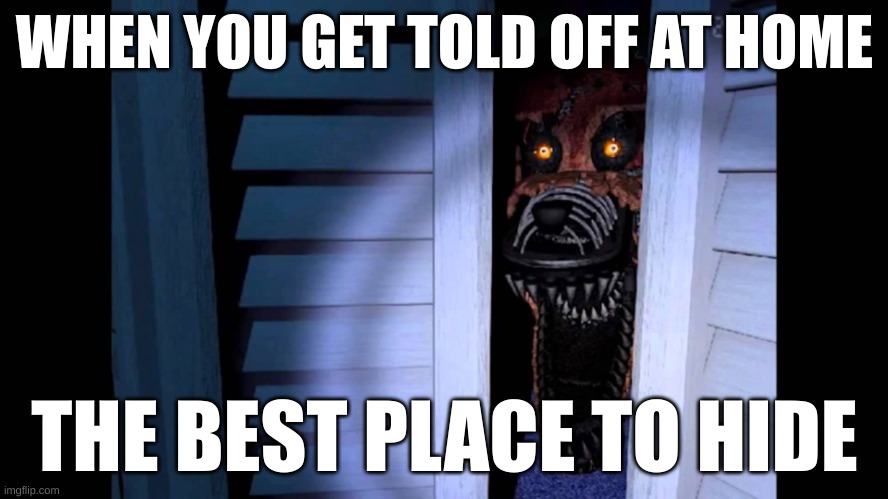 Foxy | WHEN YOU GET TOLD OFF AT HOME; THE BEST PLACE TO HIDE | image tagged in foxy fnaf 4 | made w/ Imgflip meme maker