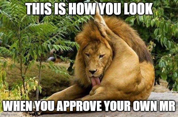 Self approving your MR in GitLab | THIS IS HOW YOU LOOK; WHEN YOU APPROVE YOUR OWN MR | image tagged in lion licking balls,git,programming,programmers,approval,software | made w/ Imgflip meme maker