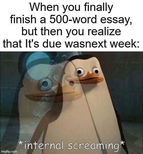 Now that is a pain for students | When you finally finish a 500-word essay, but then you realize that It's due wasnext week: | image tagged in private internal screaming,school | made w/ Imgflip meme maker