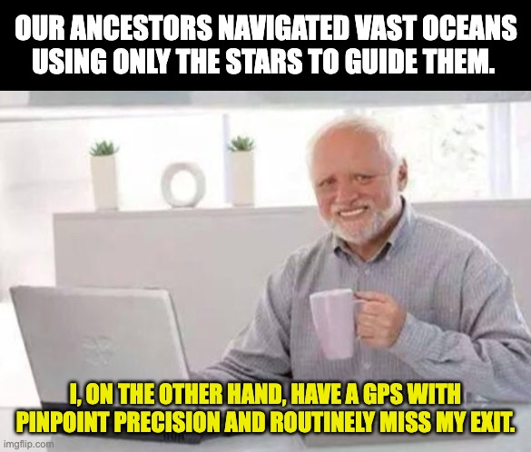 Navigation | OUR ANCESTORS NAVIGATED VAST OCEANS USING ONLY THE STARS TO GUIDE THEM. I, ON THE OTHER HAND, HAVE A GPS WITH PINPOINT PRECISION AND ROUTINELY MISS MY EXIT. | image tagged in harold | made w/ Imgflip meme maker