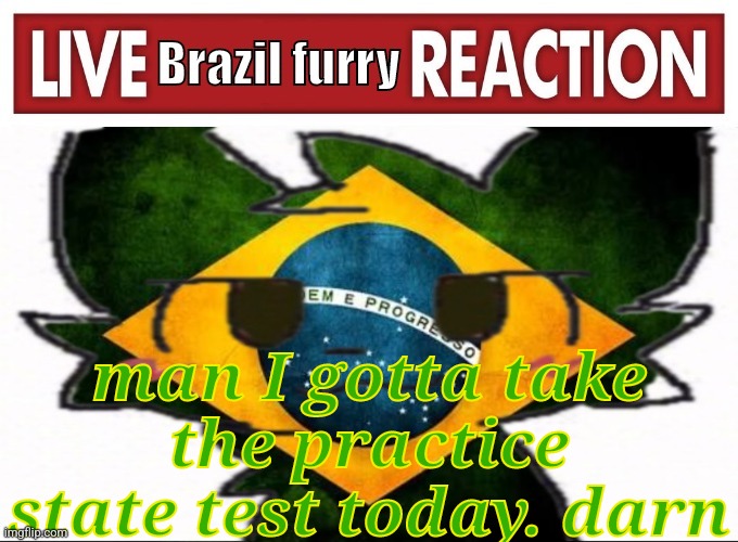 live brazil furry reaction | man I gotta take the practice state test today. darn | image tagged in live brazil furry reaction | made w/ Imgflip meme maker