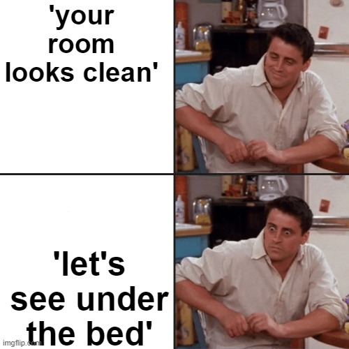 wait no | 'your room looks clean'; 'let's see under the bed' | image tagged in funny memes | made w/ Imgflip meme maker