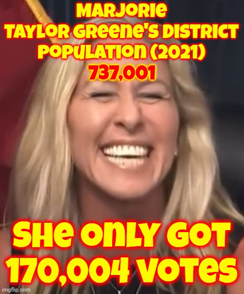 She Doesn't Even Represent The Majority Of People In Her Own District Let Alone More Than Three Hundred Million Americans | Marjorie Taylor Greene's district
Population (2021)
737,001; 737,001; She only got 170,004 votes | image tagged in marjorie taylor greene,pathetic,ridiculous,crazy lady,memes,lunatic | made w/ Imgflip meme maker