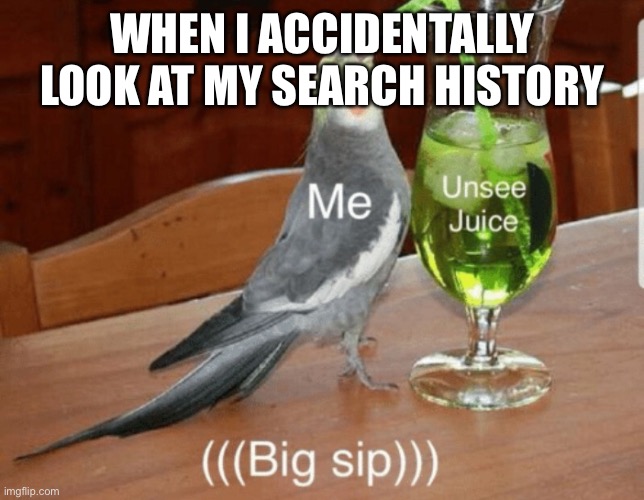 Gulp I hope no one knows what it is | WHEN I ACCIDENTALLY LOOK AT MY SEARCH HISTORY | image tagged in unsee juice | made w/ Imgflip meme maker
