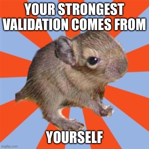 Your strongest validation comes from yourself | YOUR STRONGEST VALIDATION COMES FROM; YOURSELF | image tagged in dissociative degu,validation,am i faking,denial,invalidation,dissociative identity disorder | made w/ Imgflip meme maker