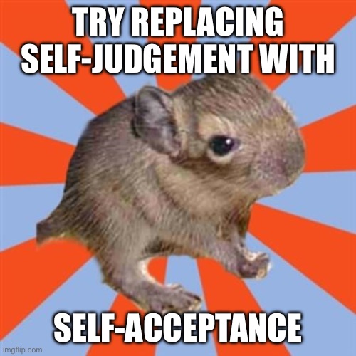 Try replacing self-judgement with self-acceptance | TRY REPLACING SELF-JUDGEMENT WITH; SELF-ACCEPTANCE | image tagged in dissociative degu,denial,dissociative identity disorder,osdd,mental illness,do i have did | made w/ Imgflip meme maker