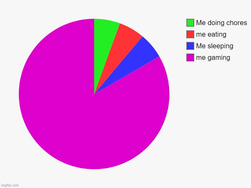 me gaming, Me sleeping, me eating, Me doing chores | image tagged in charts,pie charts | made w/ Imgflip chart maker