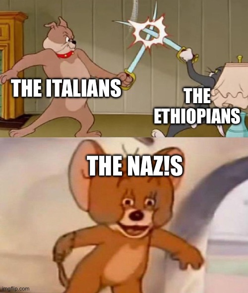 Remember folks: Africa is spelled “Afrika” | THE ITALIANS; THE ETHIOPIANS; THE NAZ!S | image tagged in tom and jerry swordfight,history,historical meme | made w/ Imgflip meme maker