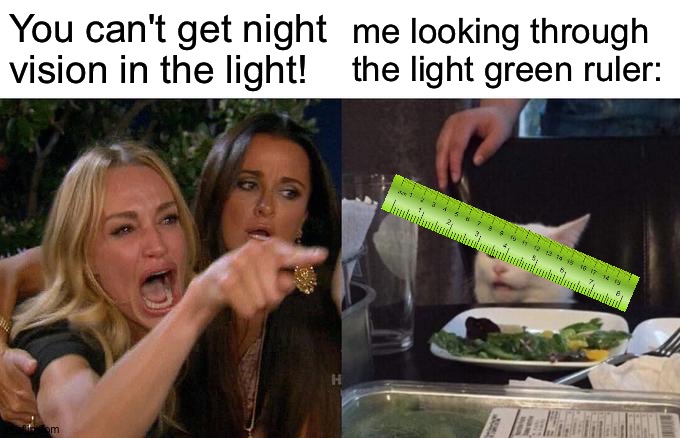 Woman Yelling At Cat Meme | You can't get night vision in the light! me looking through the light green ruler: | image tagged in memes,woman yelling at cat | made w/ Imgflip meme maker