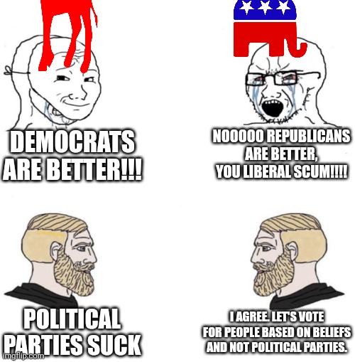 Political parties are for idiots |  NOOOOO REPUBLICANS ARE BETTER, YOU LIBERAL SCUM!!!! DEMOCRATS ARE BETTER!!! POLITICAL PARTIES SUCK; I AGREE. LET'S VOTE FOR PEOPLE BASED ON BELIEFS AND NOT POLITICAL PARTIES. | image tagged in chad we know,politics,republicans,democrats,voting | made w/ Imgflip meme maker