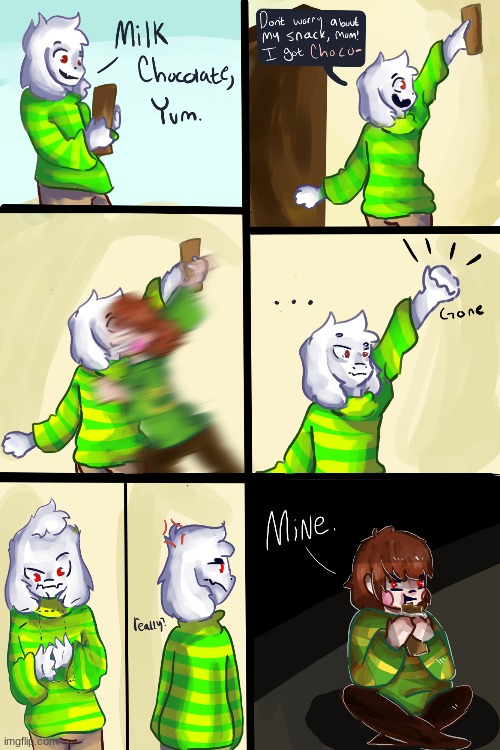 Chara takes Asriel's chocolate | image tagged in chara,asriel dreemurr,undertale,comic,chocolate | made w/ Imgflip meme maker