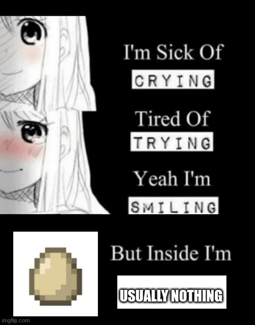I'm sick of crying, tired of trying, yeah I'm smiling, but insid | USUALLY NOTHING | image tagged in i'm sick of crying tired of trying yeah i'm smiling but insid | made w/ Imgflip meme maker
