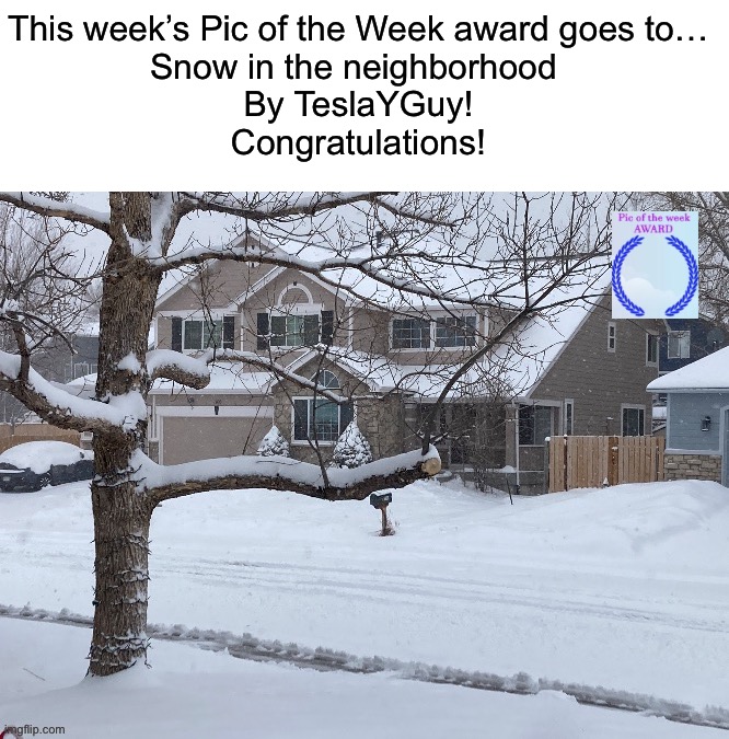 Snow in the neighborhood by @TeslaYGuy https://imgflip.com/i/77x9sh | This week’s Pic of the Week award goes to…
Snow in the neighborhood 
By TeslaYGuy!
Congratulations! | image tagged in share your own photos | made w/ Imgflip meme maker
