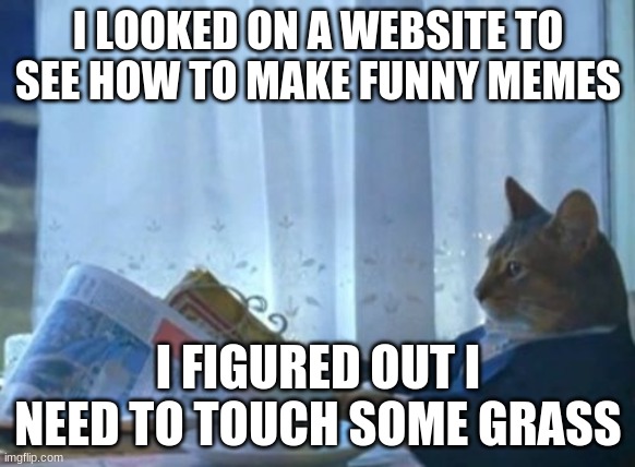 I Should Buy A Boat Cat | I LOOKED ON A WEBSITE TO SEE HOW TO MAKE FUNNY MEMES; I FIGURED OUT I NEED TO TOUCH SOME GRASS | image tagged in memes,i should buy a boat cat | made w/ Imgflip meme maker