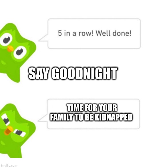 Duolingo 5 in a row | SAY GOODNIGHT; TIME FOR YOUR FAMILY TO BE KIDNAPPED | image tagged in duolingo 5 in a row | made w/ Imgflip meme maker