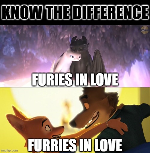They're both such cute couples though | KNOW THE DIFFERENCE; FURIES IN LOVE; FURRIES IN LOVE | image tagged in know the difference,httyd,the bad guys,dreamworks,ships,furries | made w/ Imgflip meme maker