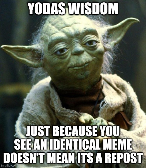 Star Wars Yoda Meme | YODAS WISDOM; JUST BECAUSE YOU SEE AN IDENTICAL MEME DOESN'T MEAN ITS A REPOST | image tagged in memes,star wars yoda | made w/ Imgflip meme maker