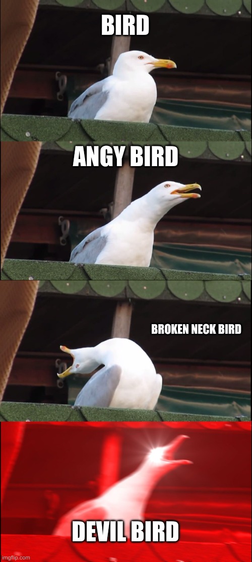 Inhaling Seagull | BIRD; ANGY BIRD; BROKEN NECK BIRD; DEVIL BIRD | image tagged in memes,inhaling seagull | made w/ Imgflip meme maker