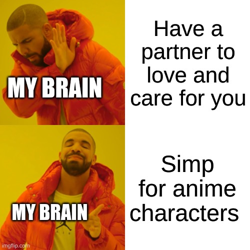 Drake Hotline Bling | Have a partner to love and care for you; MY BRAIN; Simp for anime characters; MY BRAIN | image tagged in memes,drake hotline bling | made w/ Imgflip meme maker