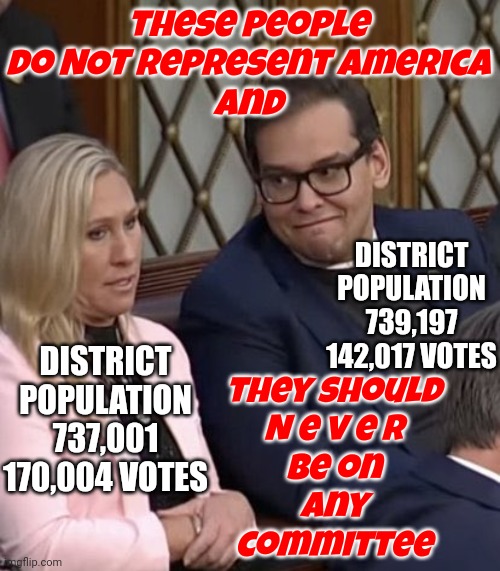 Three Hundred Twelve Thousand And Twenty One People Do NOT Represent Over Three Hundred Million Americans | these people do NOT Represent America
and; DISTRICT POPULATION 737,001
170,004 VOTES; DISTRICT POPULATION 739,197
142,017 VOTES; they should
N e v e r
be on
any
committee | image tagged in george santos mtg,wrong,clown car republicans,pathetic,dumbasses,memes | made w/ Imgflip meme maker