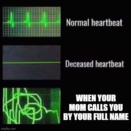 heartbeat rate | WHEN YOUR MOM CALLS YOU BY YOUR FULL NAME | image tagged in heartbeat rate | made w/ Imgflip meme maker