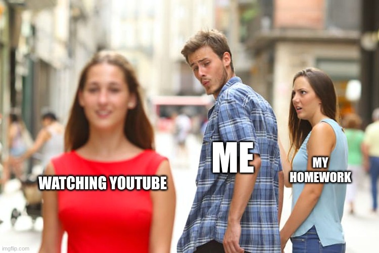 Distracted Boyfriend Meme | ME; MY HOMEWORK; WATCHING YOUTUBE | image tagged in memes,distracted boyfriend | made w/ Imgflip meme maker