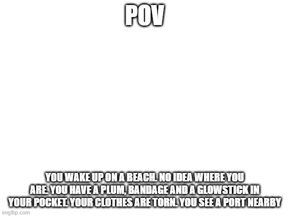 Blank White Template | POV; YOU WAKE UP ON A BEACH. NO IDEA WHERE YOU ARE. YOU HAVE A PLUM, BANDAGE AND A GLOWSTICK IN YOUR POCKET. YOUR CLOTHES ARE TORN. YOU SEE A PORT NEARBY | image tagged in blank white template | made w/ Imgflip meme maker