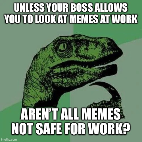 raptor asking questions | UNLESS YOUR BOSS ALLOWS YOU TO LOOK AT MEMES AT WORK; AREN’T ALL MEMES NOT SAFE FOR WORK? | image tagged in raptor asking questions,memes | made w/ Imgflip meme maker