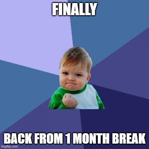 i didn't even post for 1 month | FINALLY; BACK FROM 1 MONTH BREAK | image tagged in memes,success kid | made w/ Imgflip meme maker