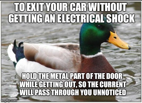 Actual Advice Mallard | TO EXIT YOUR CAR WITHOUT GETTING AN ELECTRICAL SHOCK HOLD THE METAL PART OF THE DOOR WHILE GETTING OUT, SO THE CURRENT WILL PASS THROUGH YOU | image tagged in memes,actual advice mallard | made w/ Imgflip meme maker