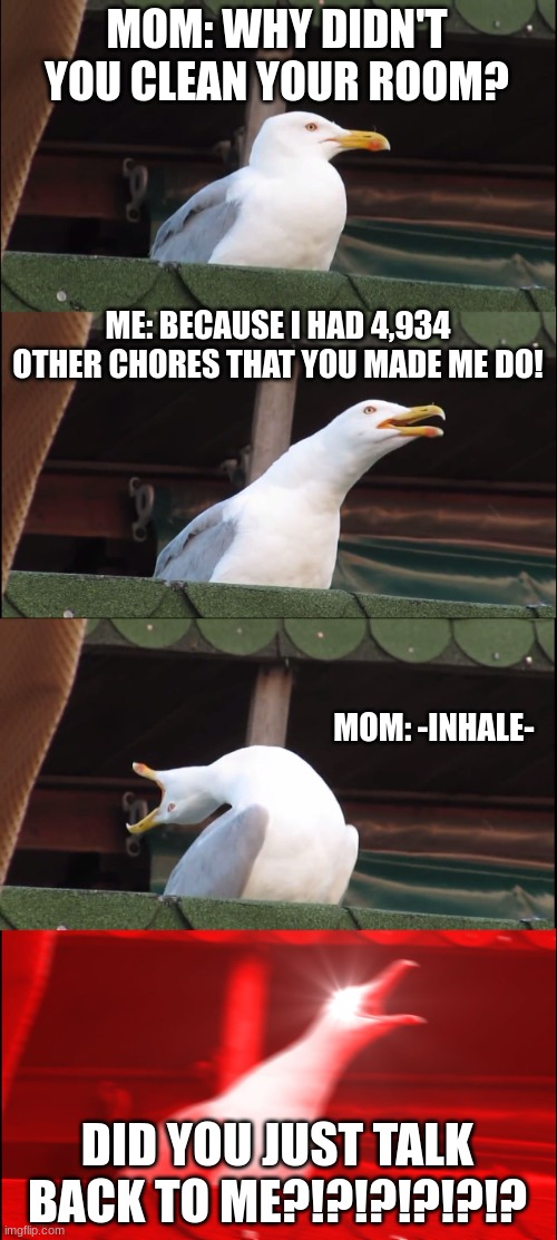 Inhaling Seagull | MOM: WHY DIDN'T YOU CLEAN YOUR ROOM? ME: BECAUSE I HAD 4,934 OTHER CHORES THAT YOU MADE ME DO! MOM: -INHALE-; DID YOU JUST TALK BACK TO ME?!?!?!?!?!? | image tagged in memes,inhaling seagull | made w/ Imgflip meme maker