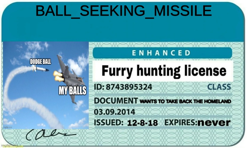 furry hunting license | BALL_SEEKING_MISSILE; WANTS TO TAKE BACK THE HOMELAND | image tagged in furry hunting license | made w/ Imgflip meme maker