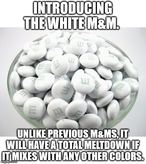 INTRODUCING THE WHITE M&M. UNLIKE PREVIOUS M&MS, IT WILL HAVE A TOTAL MELTDOWN IF IT MIXES WITH ANY OTHER COLORS. | made w/ Imgflip meme maker