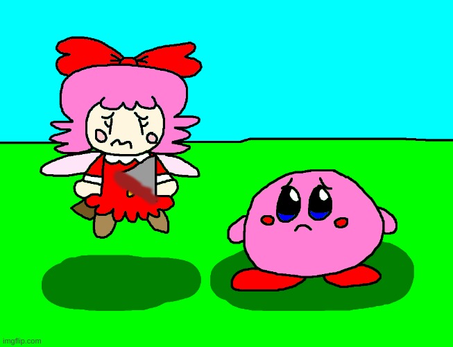 Ribbon is stabbed with a knife | image tagged in kirby,gore,blood,funny,cute,fanart | made w/ Imgflip meme maker