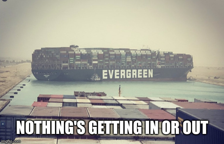 Suez canal blockage | NOTHING'S GETTING IN OR OUT | image tagged in suez canal blockage | made w/ Imgflip meme maker