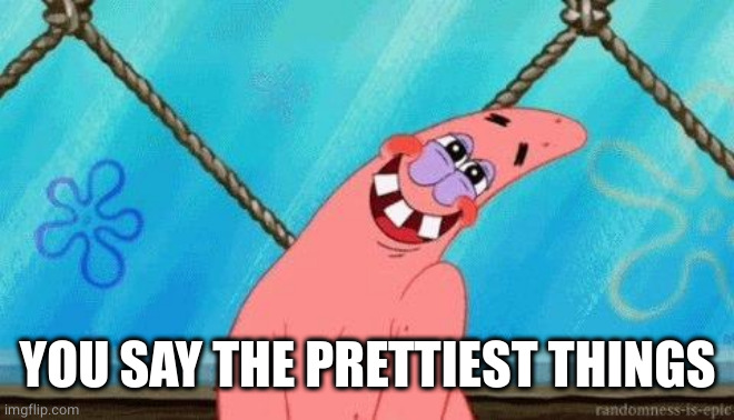 Blushing Patrick | YOU SAY THE PRETTIEST THINGS | image tagged in blushing patrick | made w/ Imgflip meme maker