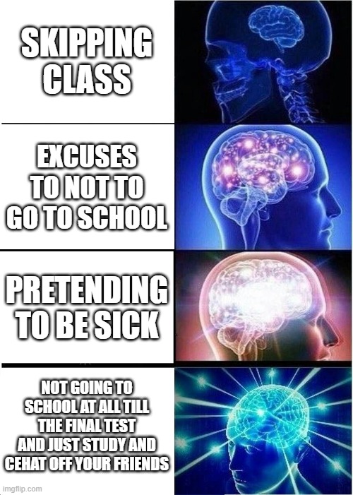 Expanding Brain | SKIPPING CLASS; EXCUSES TO NOT TO GO TO SCHOOL; PRETENDING TO BE SICK; NOT GOING TO SCHOOL AT ALL TILL THE FINAL TEST AND JUST STUDY AND CEHAT OFF YOUR FRIENDS | image tagged in memes,expanding brain | made w/ Imgflip meme maker