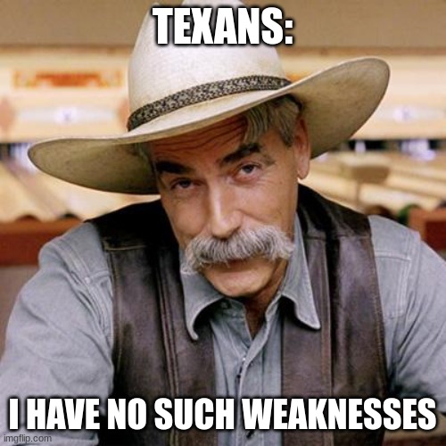 SARCASM COWBOY | TEXANS: I HAVE NO SUCH WEAKNESSES | image tagged in sarcasm cowboy | made w/ Imgflip meme maker