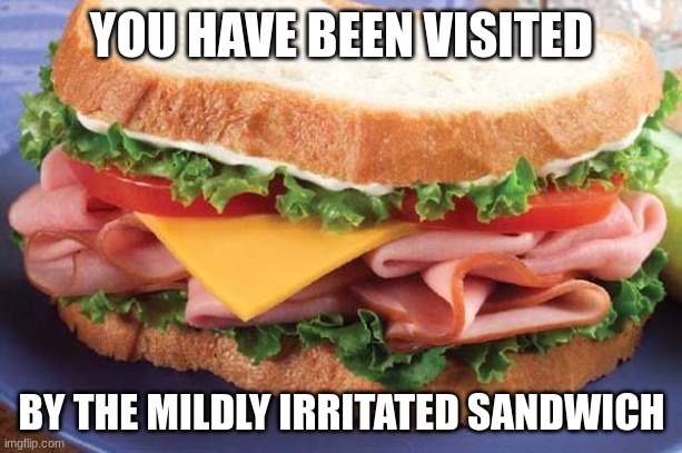 Sandwich | YOU HAVE BEEN VISITED BY THE MILDLY IRRITATED SANDWICH | image tagged in sandwich | made w/ Imgflip meme maker