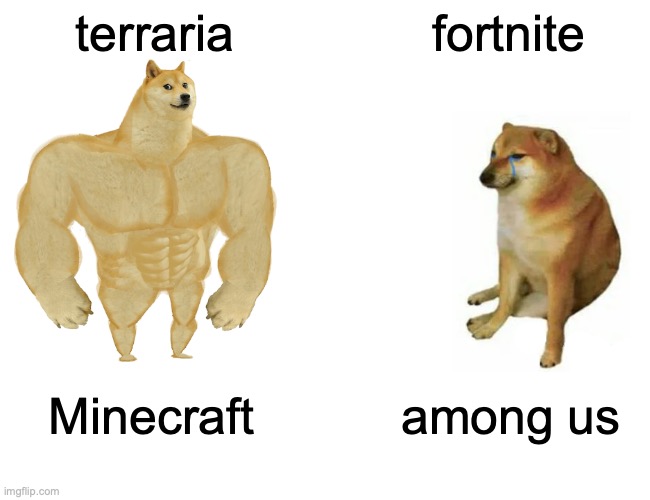 dead games vs good games | terraria; fortnite; Minecraft; among us | image tagged in memes,buff doge vs cheems | made w/ Imgflip meme maker