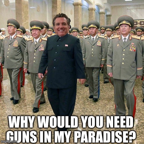 Why would you need guns in my paradise? | WHY WOULD YOU NEED GUNS IN MY PARADISE? | image tagged in comrade newsom,2a | made w/ Imgflip meme maker