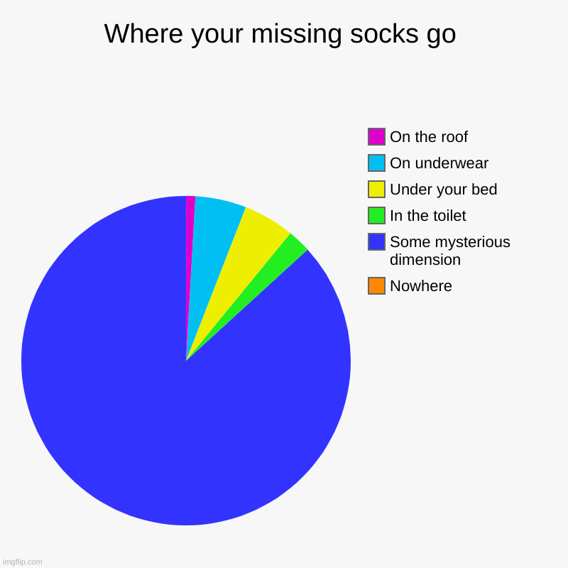 Where your missing socks go | Nowhere, Some mysterious dimension, In the toilet, Under your bed, On underwear, On the roof | image tagged in charts,pie charts | made w/ Imgflip chart maker