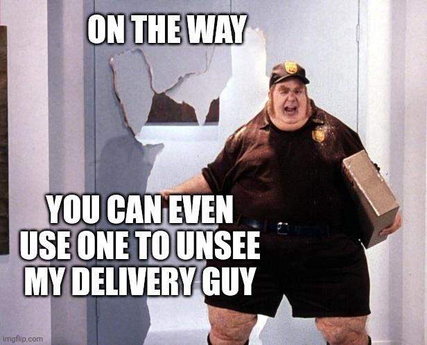 fat delivery man | ON THE WAY YOU CAN EVEN USE ONE TO UNSEE MY DELIVERY GUY | image tagged in fat delivery man | made w/ Imgflip meme maker