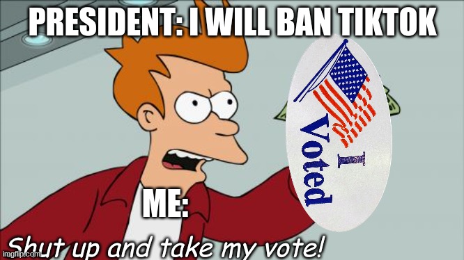 Ban tiktok | PRESIDENT: I WILL BAN TIKTOK; ME:; Shut up and take my vote! | image tagged in memes,shut up and take my money fry | made w/ Imgflip meme maker
