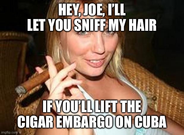 cigar babe | HEY, JOE, I’LL LET YOU SNIFF MY HAIR; IF YOU’LL LIFT THE CIGAR EMBARGO ON CUBA | image tagged in cigar babe | made w/ Imgflip meme maker