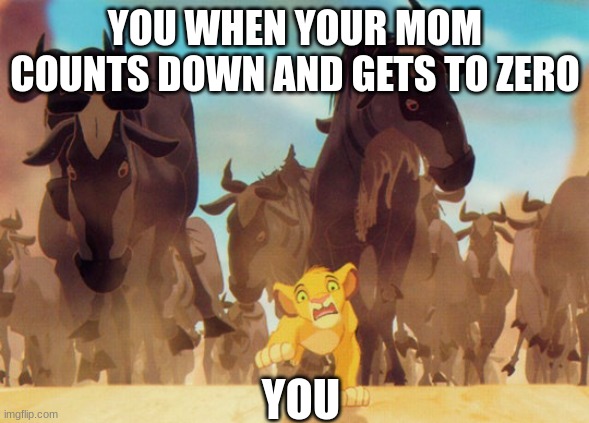 Lion King Stampede | YOU WHEN YOUR MOM COUNTS DOWN AND GETS TO ZERO; YOU | image tagged in lion king stampede | made w/ Imgflip meme maker